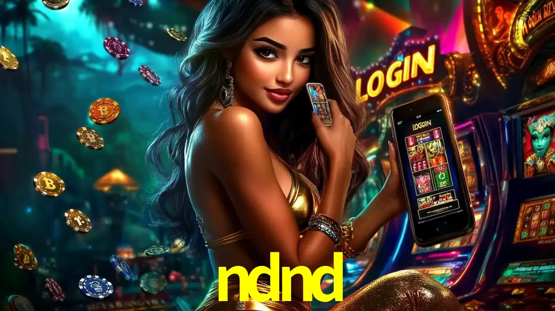 Mulher em um cenário de cassino temático de aventura, mostrando o app de caça-níqueis da ndnd no celular. Fichas de apostas flutuam ao redor.